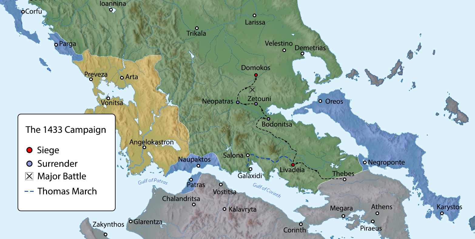 Map of the 1433 northern campaign and the Battle of Domokos