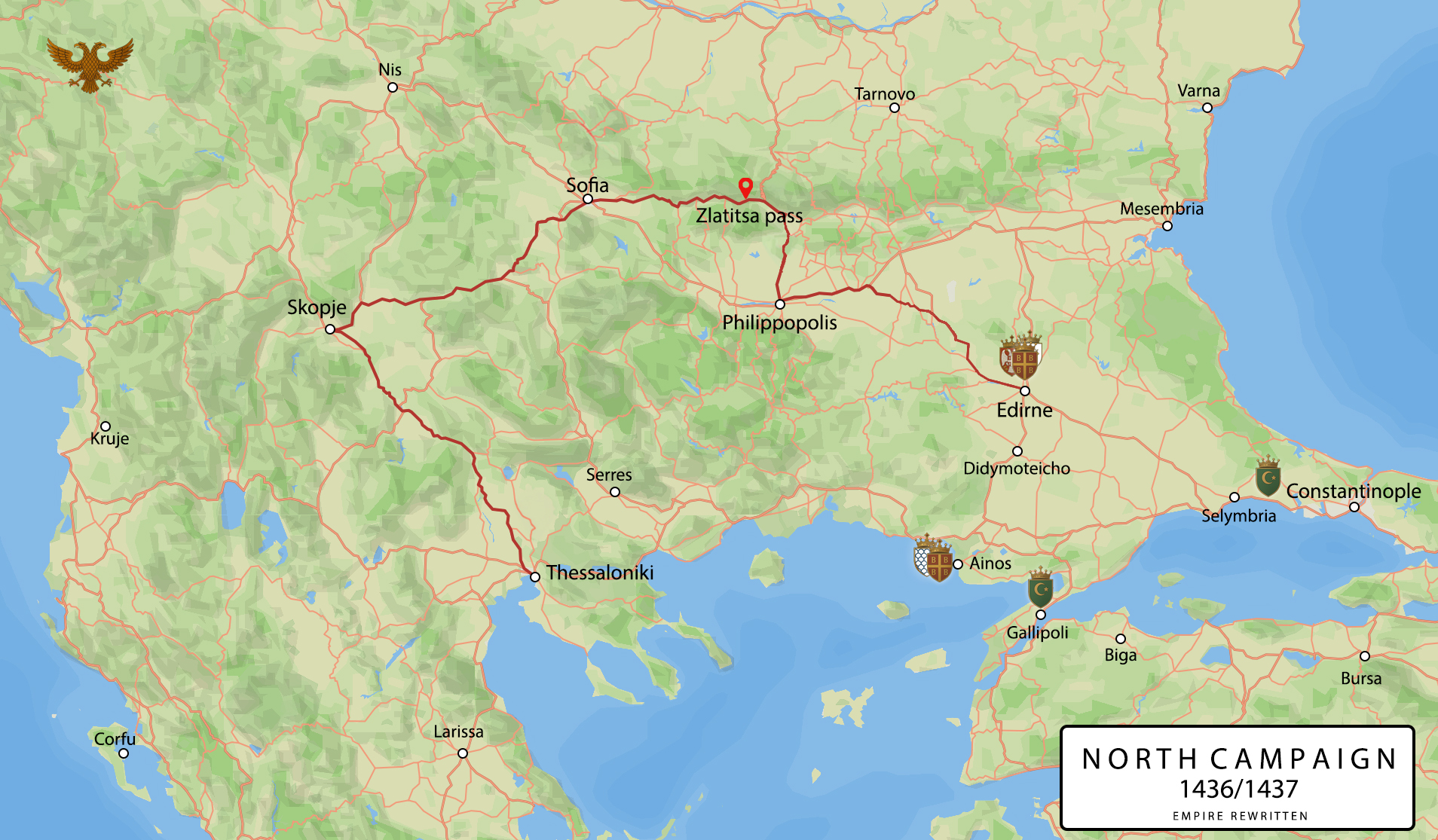 Map of the northern campaign of 1436–1437, from Skopje and Sofia through the Zlatitsa Pass to Edirne