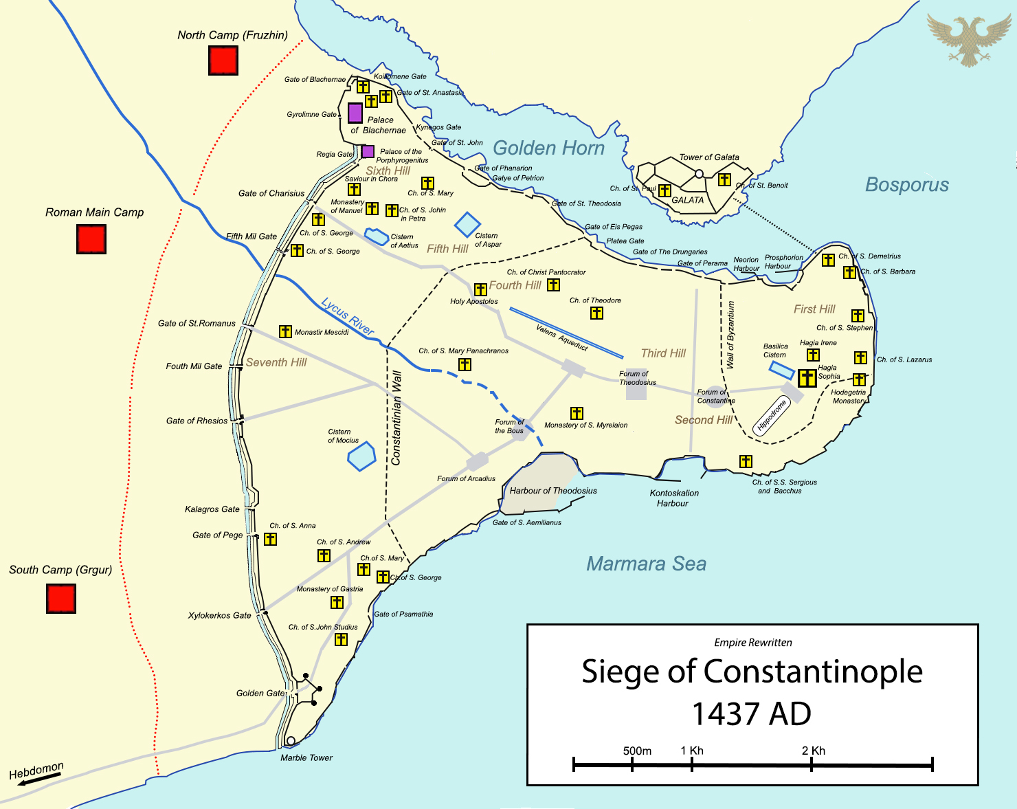 Map of the Siege of Constantinople, 1437, showing the besieging camps and the city's walls, gates, and hills